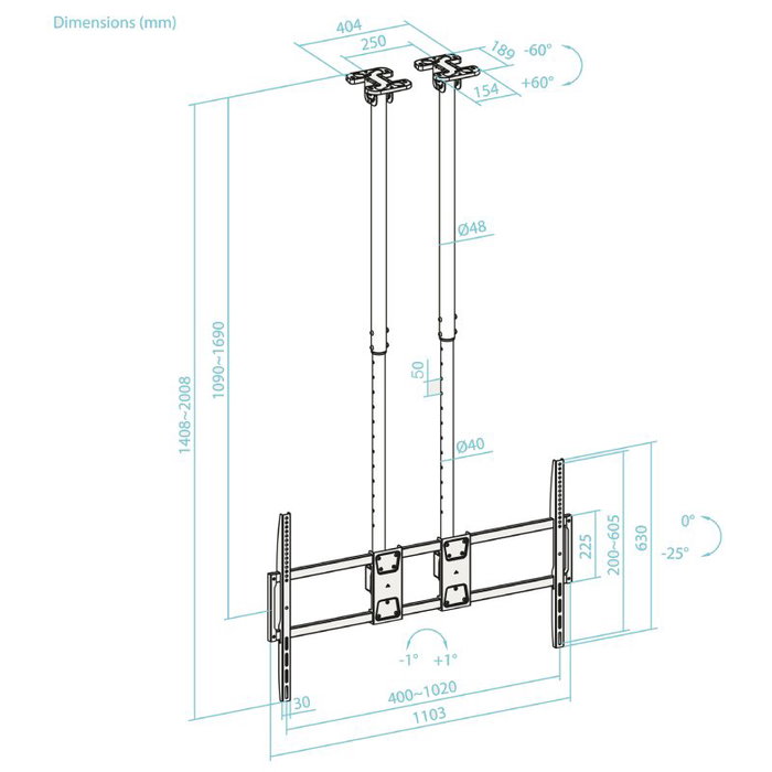 Tooq Soporte de Techo Extensible Doble Mástil 60-120 Pulgadas Negro
